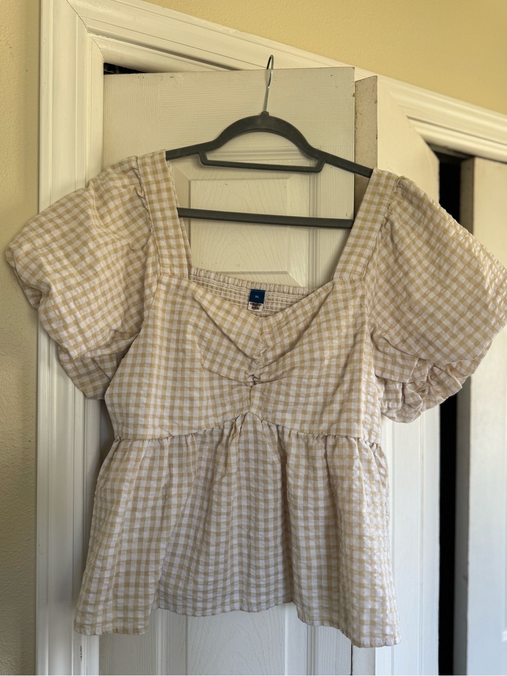Old Navy Beige Gingham Peplum Puff Sleeve Top